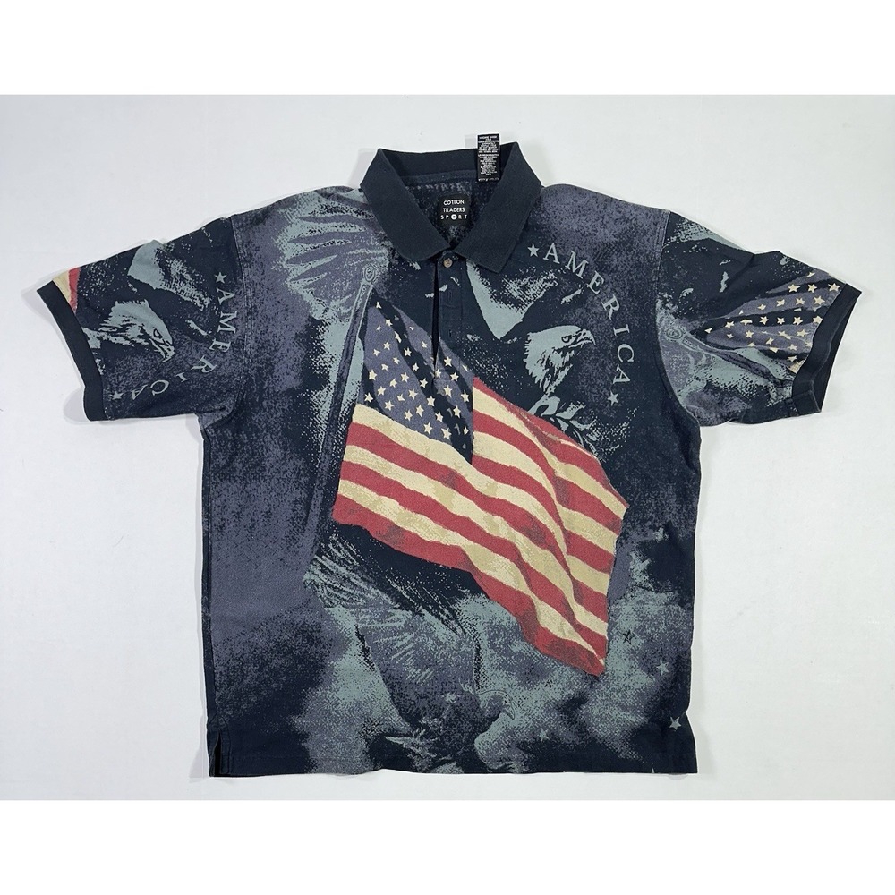 Cotton Traders Sport Polo Shirt XL USA Flag Eagle America All Over Print VTG